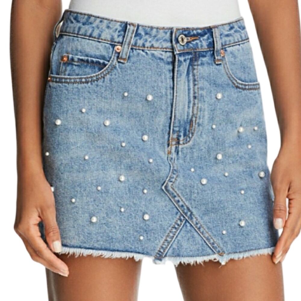 Sunset + Spring denim pearl mini skirt